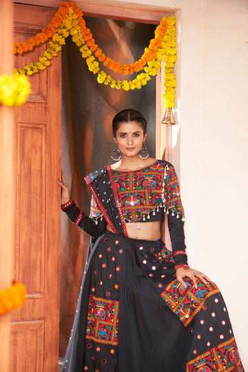 Black   Thread,  Embroidered with  all over mirror  Work  lehenga choli with Rayon dupatta