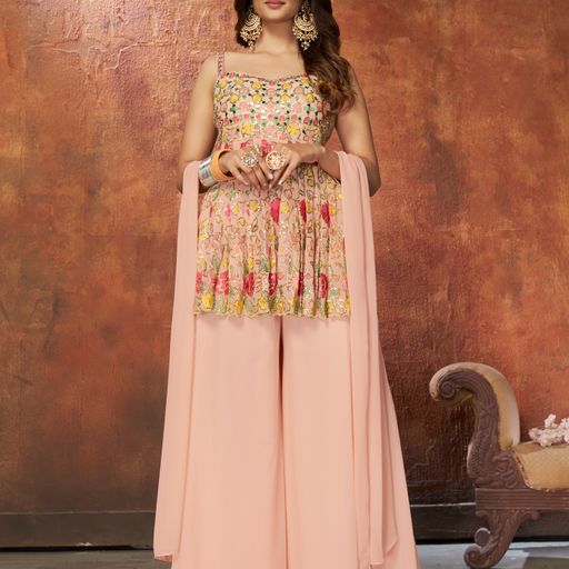 Peach Georgette with Zari ,resham Sequence and Mirror work Designer Peplum For Women