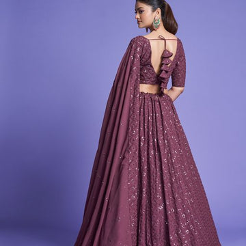 maroon Thread & Sequins Embroidery Work   lehenga choli with  Diamond  Georgette dupatta