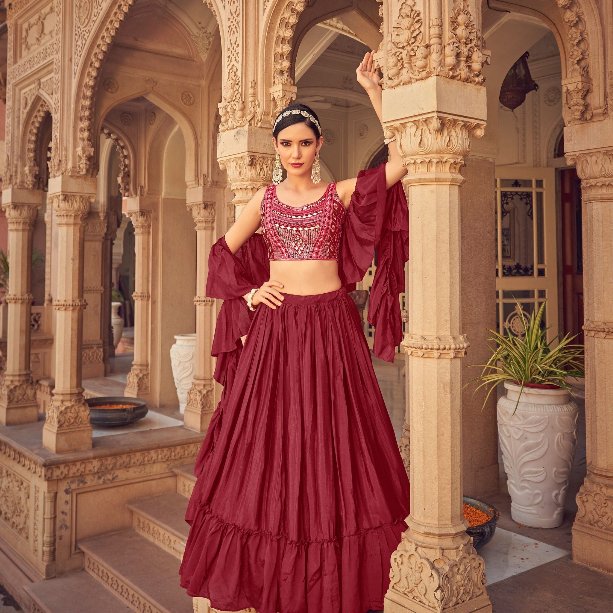 Designer Red color lehenga choli with  Embroidery Mirror , Thread work  wedding party wear lehenga choli with dupatta