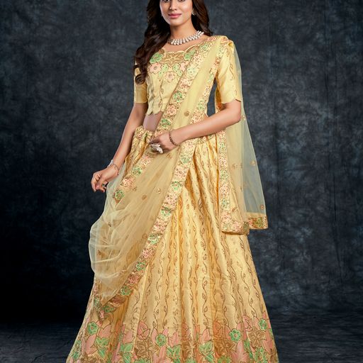 Light Yellow Diamond,Zari, Thread & Sequins Embroidery Work  lehenga choli with  Butterfly Net  dupatta