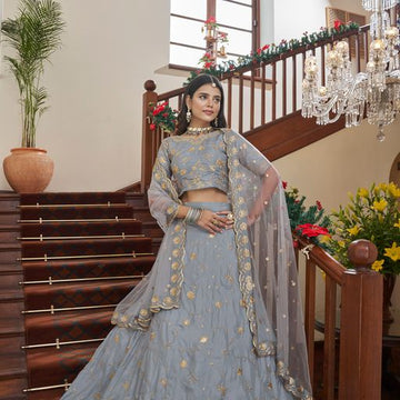 Grey Zari & Sequins Embroidery Work  lehenga choli with  Net  dupatta