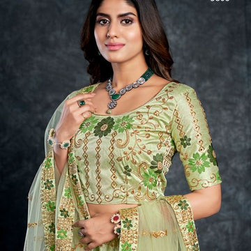 Pista Green Diamond,Zari,Thread & Sequins  Embroidery Work   lehenga choli with  Net  dupatta