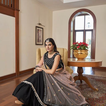 Black  Dori, Mirror, Zari & Sequins Embroidery Work  lehenga choli with Net dupatta