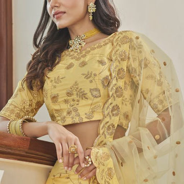 Yellow Multi Zari & Sequins Embroidery Work lehenga choli with Net dupatta