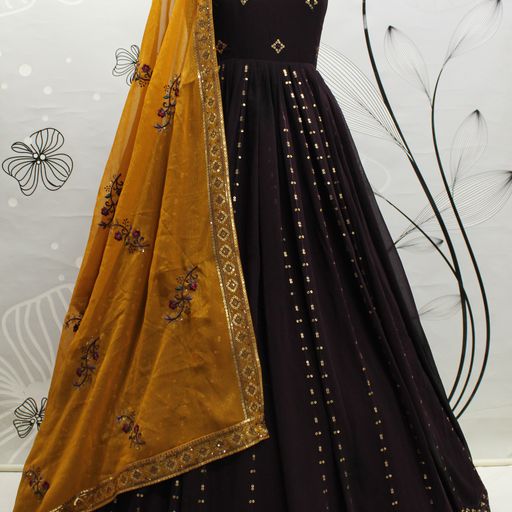 Coffee Georgette   Embroidery Sequence Work  Anarkali Flared Long Wedding Wear Gown