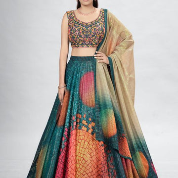 Designer Blue color lehenga choli with  Thread , Digital Print , Hand Work    wedding party wear lehenga choli with dupatta