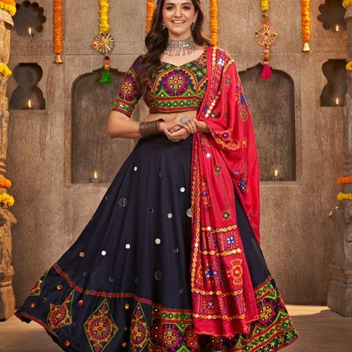 Navy Blue  Thread Embroided with all over work lehenga choli with Cotton dupatta