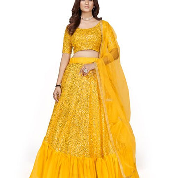 Yellow  Multi Sequins Work lehenga choli with Net dupatta