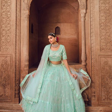 SKy Blue Viscos Thread & Sequins Embroidery Work lehenga choli with Net dupatta