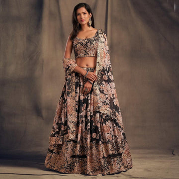 Black lehenga choli for women Organza Floral Print, Sequins & Zari Embroidery Work designer party wear indian wedding wear bridal wear lengha choli