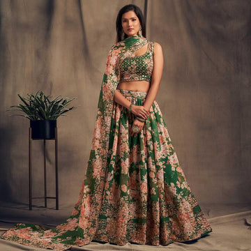 Green lehenga choli for women Organza Floral Print, Sequins & Zari Embroidery Work designer party wear indian wedding wear bridal wear lengha choli