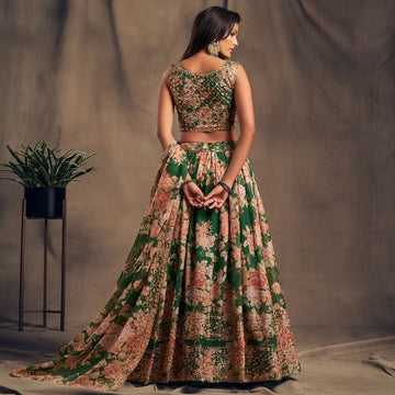 Green lehenga choli for women Organza Floral Print, Sequins & Zari Embroidery Work designer party wear indian wedding wear bridal wear lengha choli