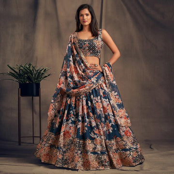 Blue lehenga choli for women Organza Floral Print, Sequins & Zari Embroidery Work designer party wear indian wedding wear bridal wear lengha choli