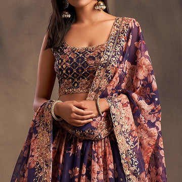 Purple lehenga choli for women Organza Floral Print, Sequins & Zari Embroidery Work designer party wear indian wedding wear bridal wear lengha choli