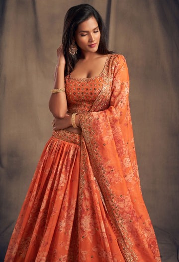 Orange lehenga choli for women Organza Floral Print, Sequins & Zari Embroidery Work designer party wear indian wedding wear bridal wear lengha choli