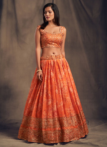 Orange lehenga choli for women Organza Floral Print, Sequins & Zari Embroidery Work designer party wear indian wedding wear bridal wear lengha choli