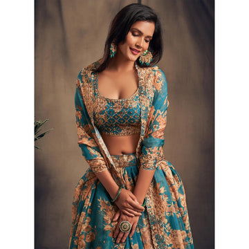 Teal Blue  lehenga choli for women Organza Floral Print, Sequins & Zari Embroidery Work designer party wear indian wedding wear bridal wear lengha choli