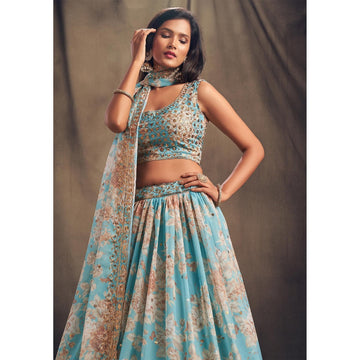 Sky blue lehenga choli for women Organza Floral Print, Sequins & Zari Embroidery Work designer party wear indian wedding wear bridal wear lengha choli