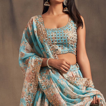 Sky blue lehenga choli for women Organza Floral Print, Sequins & Zari Embroidery Work designer party wear indian wedding wear bridal wear lengha choli