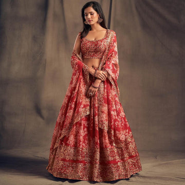 Red lehenga choli for women Organza Floral Print, Sequins & Zari Embroidery Work designer party wear indian wedding wear bridal wear lengha choli