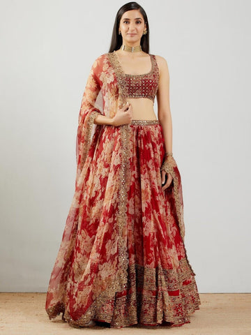 Red Floral Print   Lehenga Choli For Women ,Indian Wedding wear