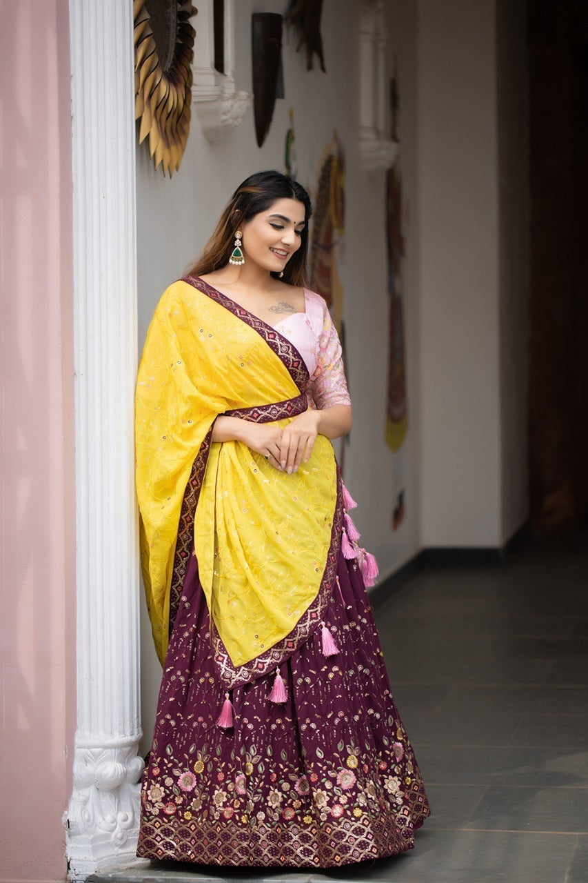 wine Georgette Sequins and Thread Embroidery Work Lehenga Choli , Indian Wedding wear