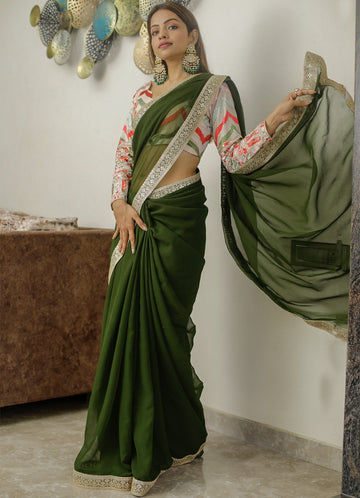 Designer  Green   Georgette Embroidery Work saree  for Women or girls