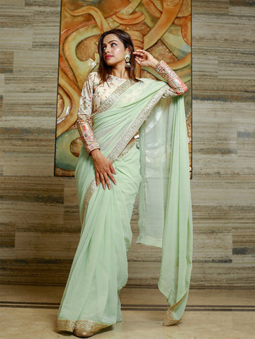 Designer  Pastel  Green   Georgette Embroidery Work saree  for Women or girls