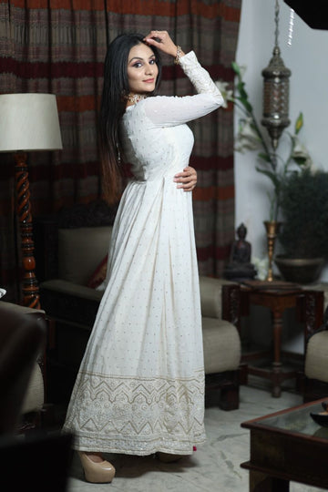 Designer White  Georgette Lucknowi Work  Full Flare Long Gown For Women or Girls