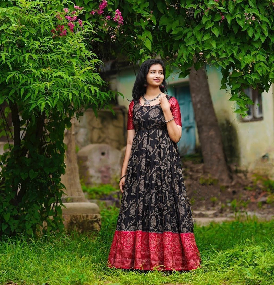 Designer Black Banarasi Silk South indian style Full Flare Long Gown For Women or Girls