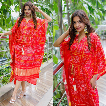 Red  Gaji Silk Designer Kaftan  For Women Or Girls