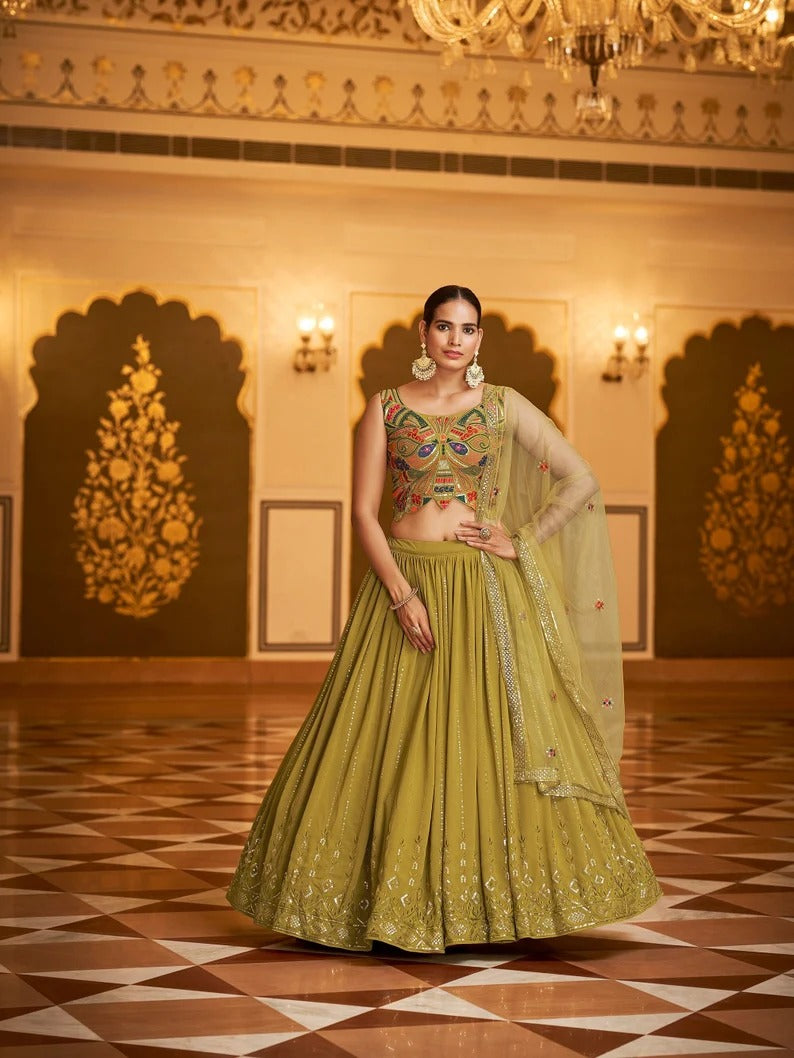 Mehendi  Embroidery Thread Sequence Work Lehenga Choli For women or girls