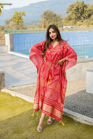 Red  Gaji silk Designer Kaftan  For Women Or Girls