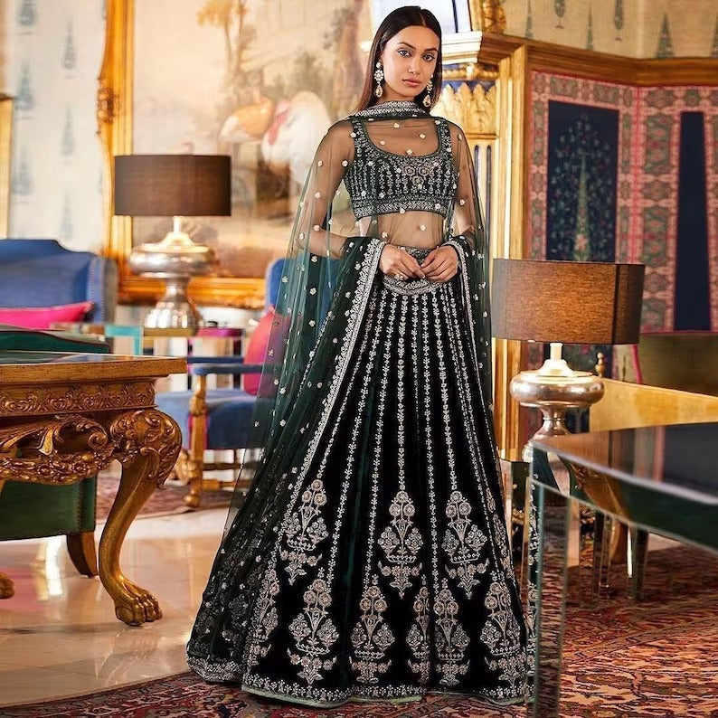 Green Thread Embroidery  Sequence Work Lehenga Choli For women or girls , Inidian Wedding Wear
