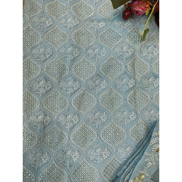 GRAY Georgette Fabric With Sequence Embroidery Thread Work Mirror Embroidery Thread Work For Women or Girls