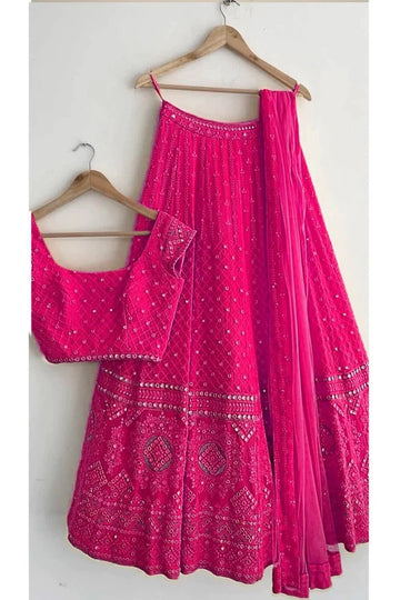 Pink Georgette Fabric With Sequence Embroidery Thread Work Mirror Embroidery Thread Work For Women or Girls