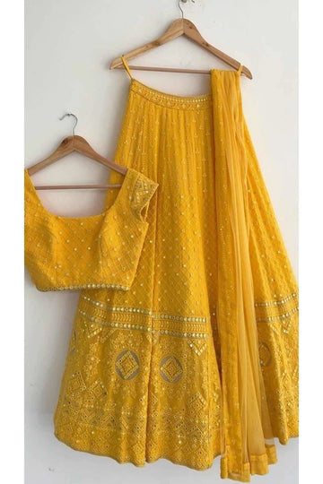 Yellow Georgette Fabric With Sequence Embroidery Thread Work Mirror Embroidery Thread Work For Women or Girls