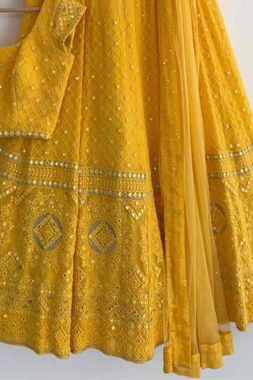 Yellow Georgette Fabric With Sequence Embroidery Thread Work Mirror Embroidery Thread Work For Women or Girls