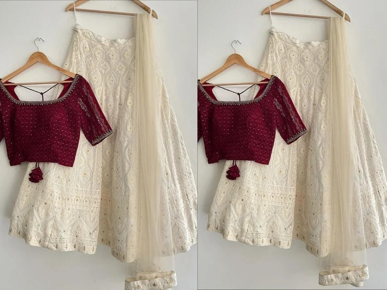 Off White  Threads,Sequence,Embroidery work For Women or Girls , Indian Wedding Wear
