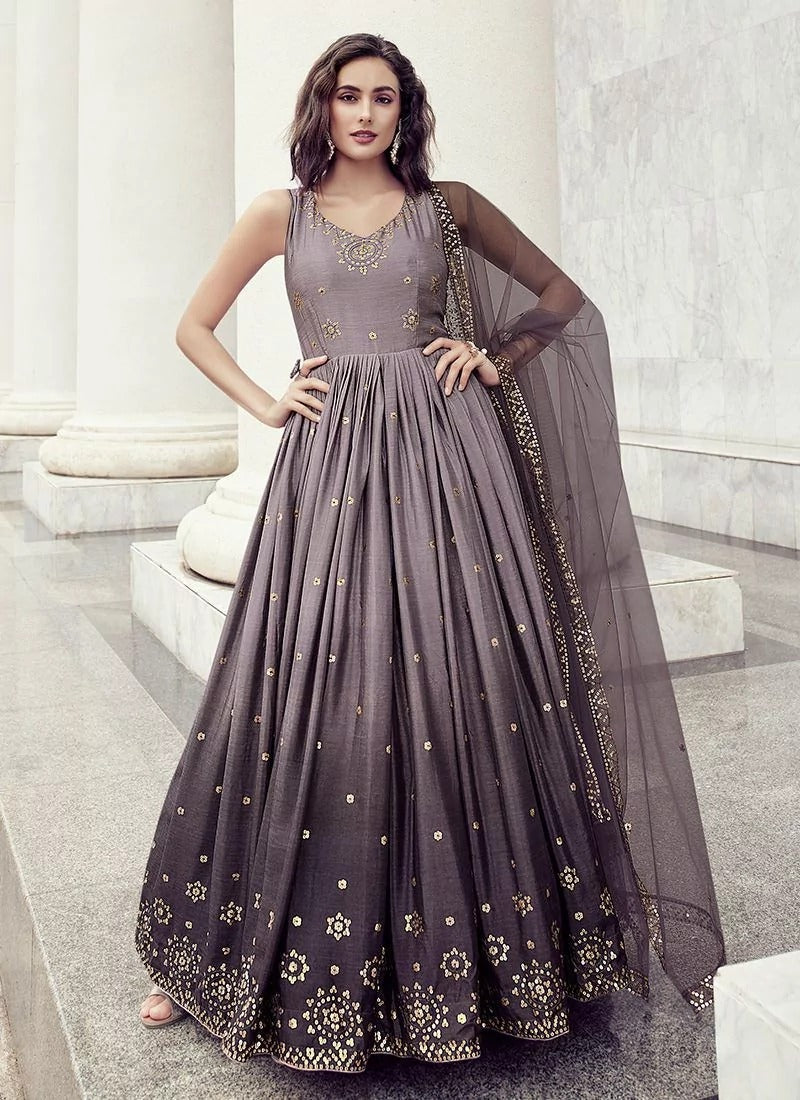 Dusty Purple Designer Full Flare Long Gown For Women or Girls