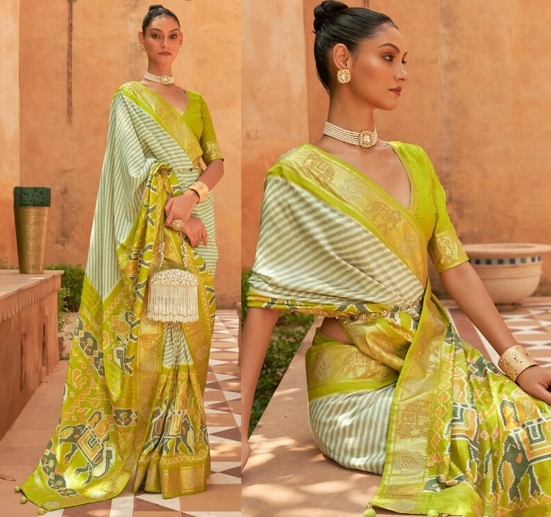 Lime Yellow Patola Saree for Women With Contrast Patola Embellished Border And Very Soft Flowy Lightweight Silk