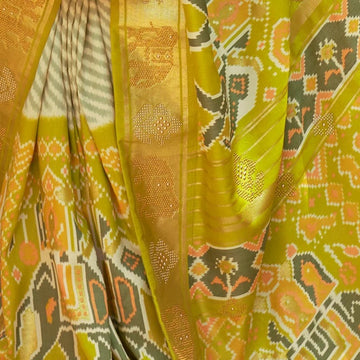 Lime Yellow Patola Saree for Women With Contrast Patola Embellished Border And Very Soft Flowy Lightweight Silk