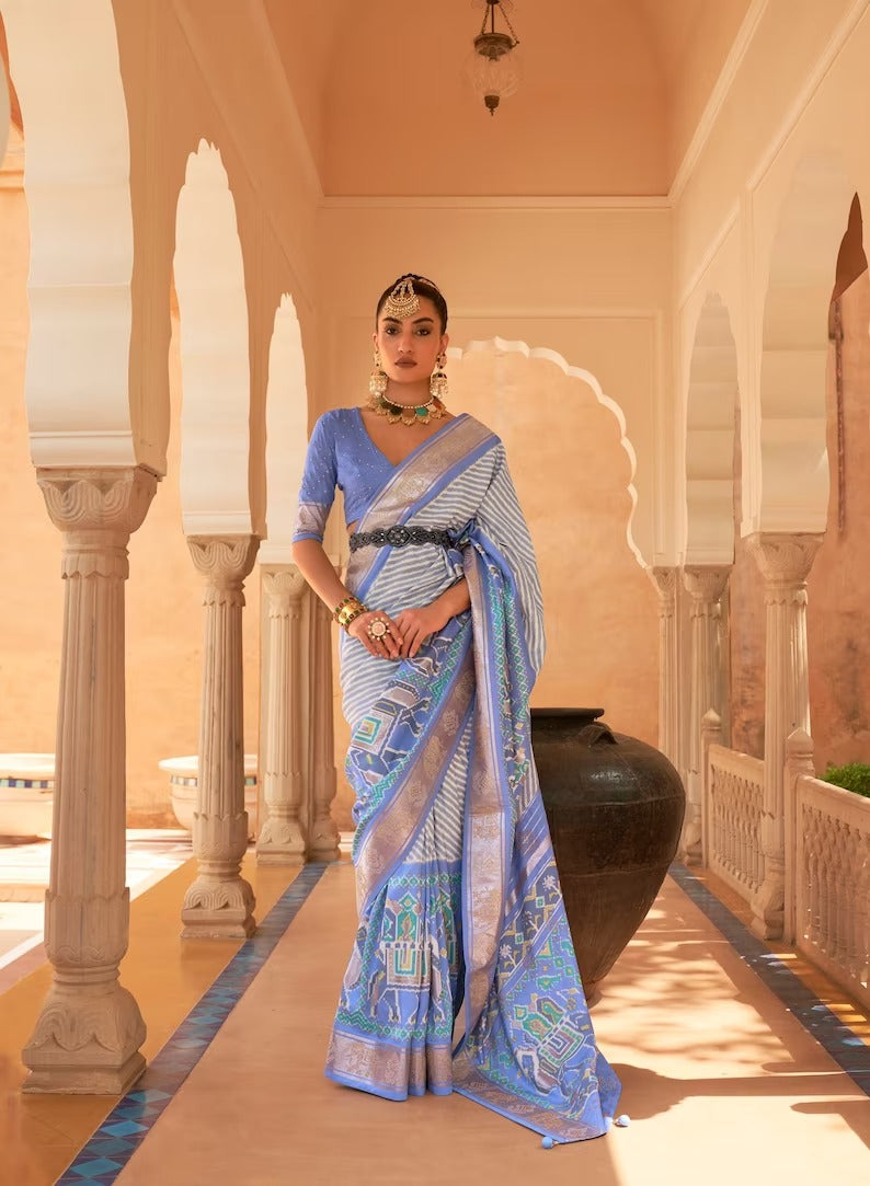Teal Purple  Patola Saree for Women With Contrast Patola Embellished Border And Very Soft Flowy Lightweight Silk