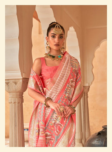 Peach Pink  Patola Saree for Women With Contrast Patola Embellished Border And Very Soft Flowy Lightweight Silk