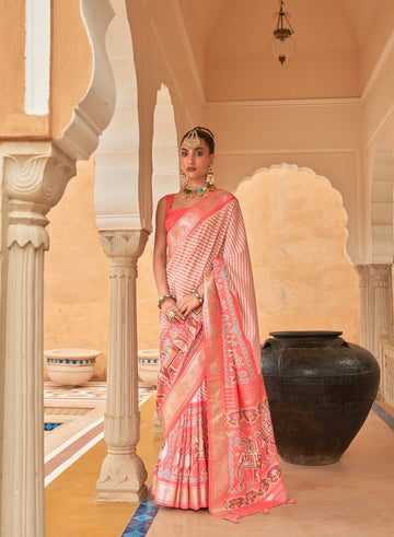 Peach Pink  Patola Saree for Women With Contrast Patola Embellished Border And Very Soft Flowy Lightweight Silk