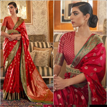 Red Semi Kanjivaram Silk Weaving Saree  For Women or Girls