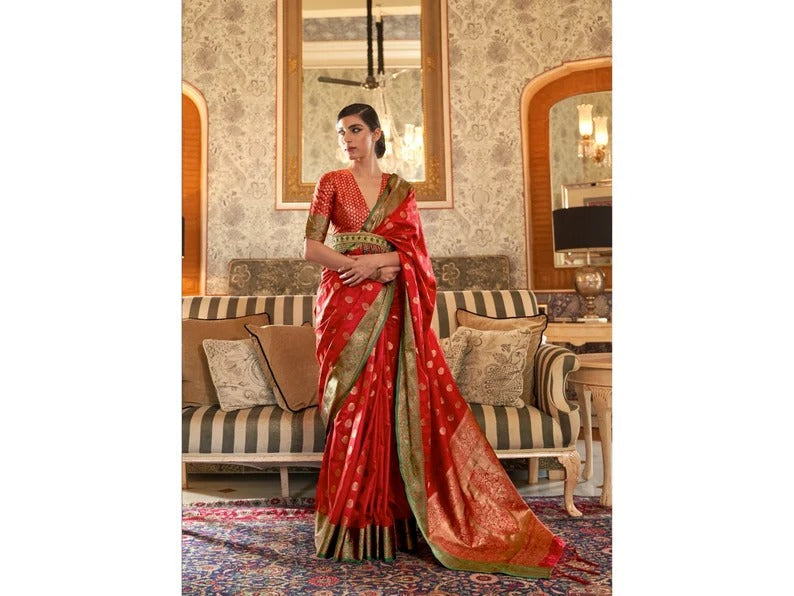 Red Semi Kanjivaram Silk Weaving Saree  For Women or Girls