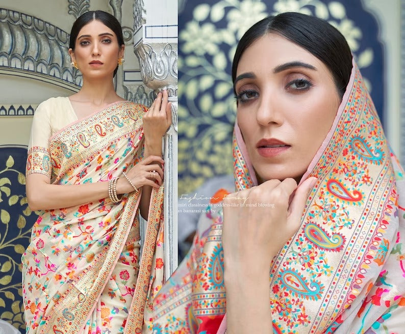 White Kashmiri Saree For Woman With Beautiful Weaving All Over Saree And Paisly Zari Border