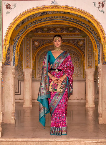 Pink  Patola  Saree for women with Paithani Border